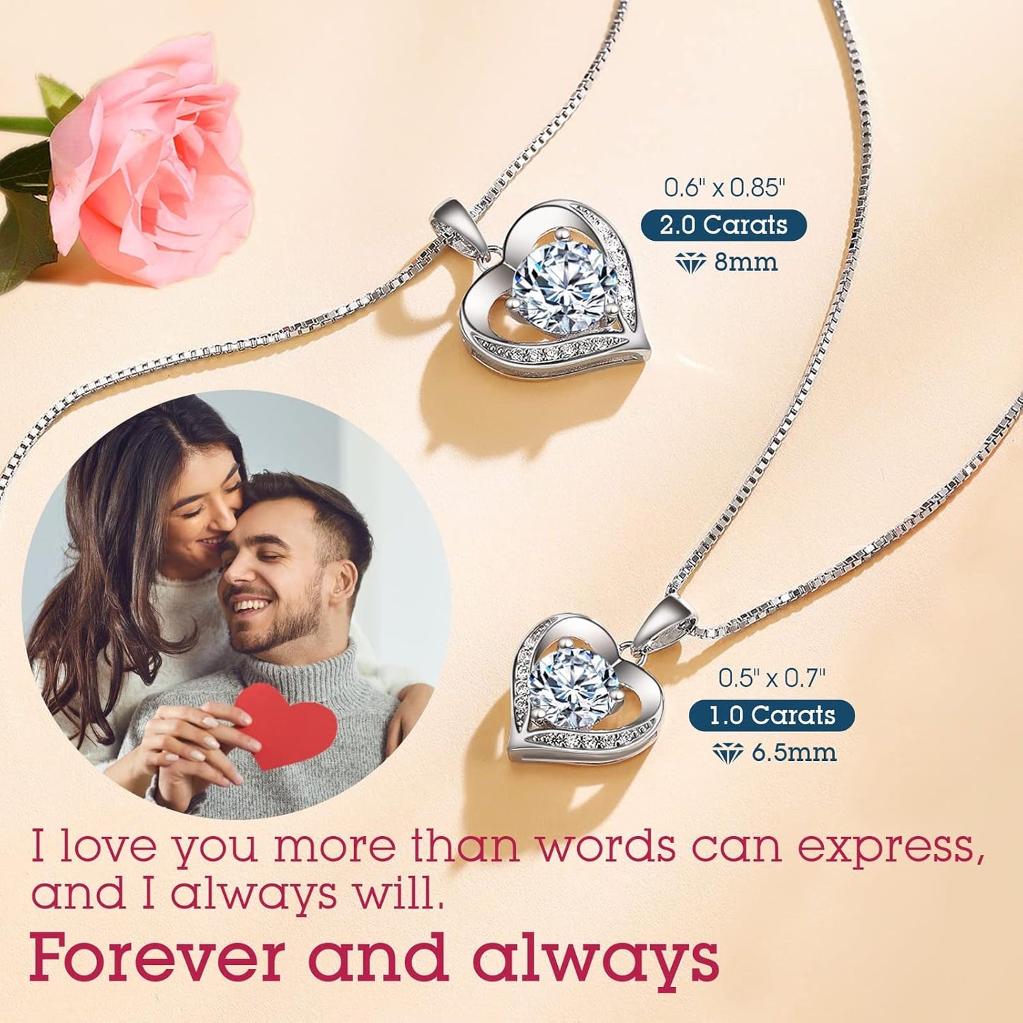 Heart Pendant Necklace Gifts for Wife, Engraved 'I LOVE YOU' Gift for Wife, 1-3 Carat Moissanite Necklace, Anniversary Eternity Jewelry Present for Wife, Birthday Gifts for Women