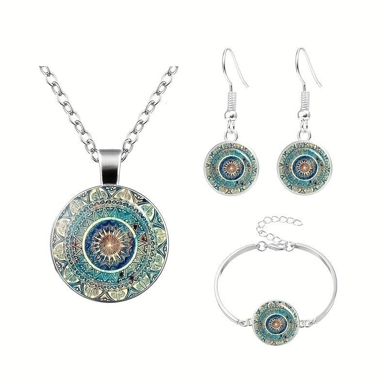 Elegant Vintage Mandala Jewelry Set with Time Gemstone - Necklace, Bracelet, & Earrings for Timeless Beauty, Perfect Gift for Her