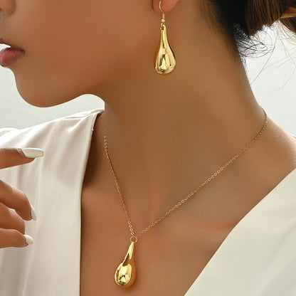 Elegant Golden-Tone Teardrop Earrings and Necklace Set - Minimalist Luxury, Resin Crafted, Perfect for Daily Wear & Parties