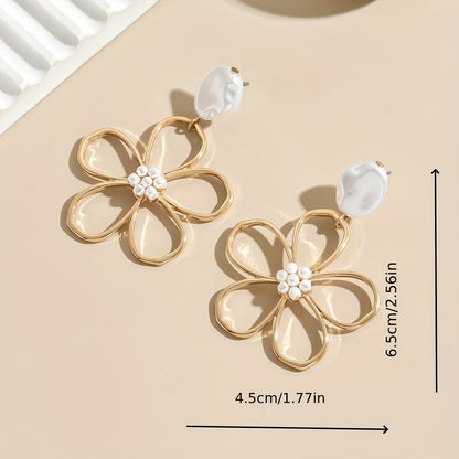 Elegant Vintage Hollow Flower Drop Earrings with Irregular Pearl Accents, Zinc Alloy, Iron Posts, White Acrylic - Fashion Tassel Detail