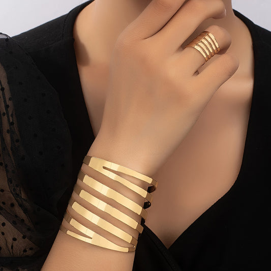 Ring & Bangle Fashion Style Jewelry Set Multi Layer & Cuff Design 18K Gold Plated Match Daily Outfits Party Accessories