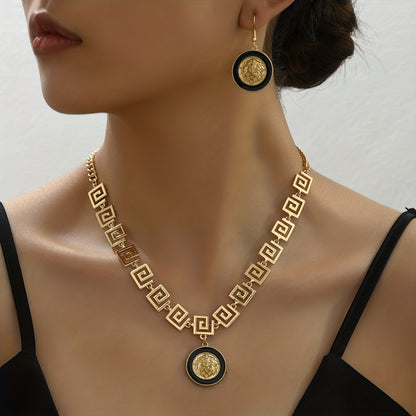 Elegant Enamel Lion Head Pendant Necklace and Earrings, Classic Letter Chain, Iron Material with Zinc Alloy Detail, Grace Theme, Black and Golden Finish