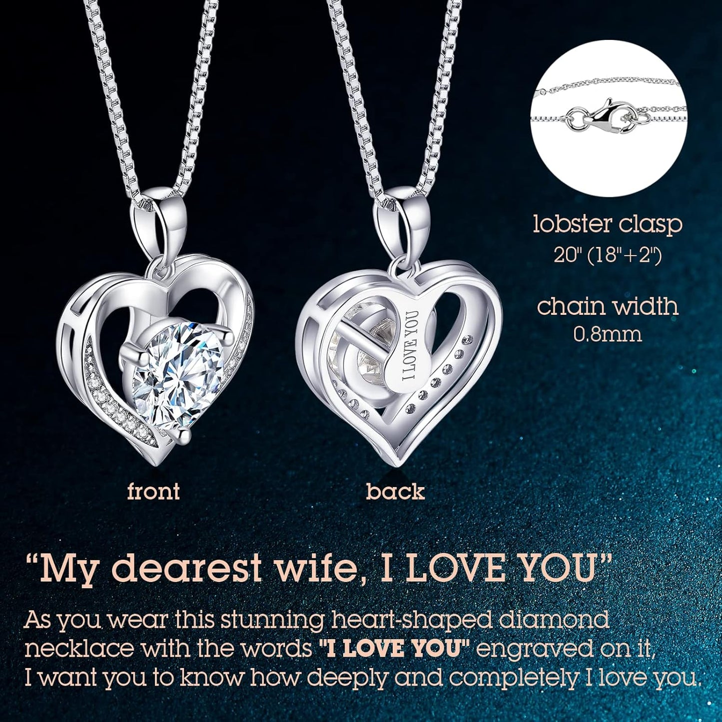 Heart Pendant Necklace Gifts for Wife, Engraved 'I LOVE YOU' Gift for Wife, 1-3 Carat Moissanite Necklace, Anniversary Eternity Jewelry Present for Wife, Birthday Gifts for Women