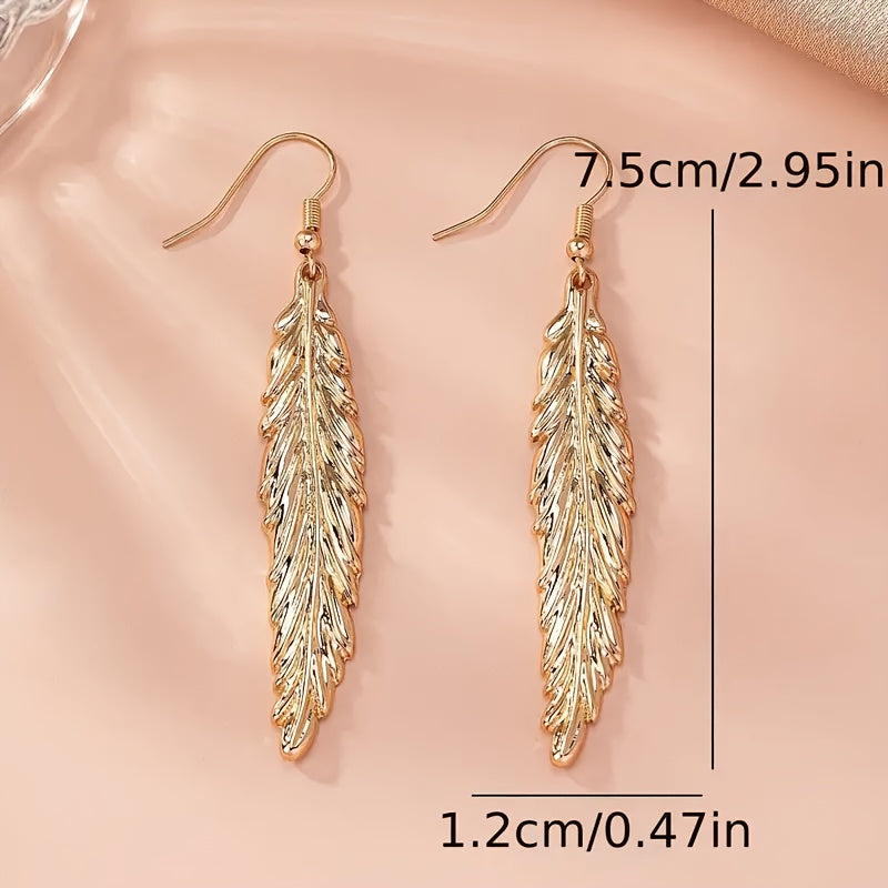 Feather Shaped Dangle Earrings Zinc Alloy 14K Plated Ear Jewelry Vintage Style Drop Earrings For Women
