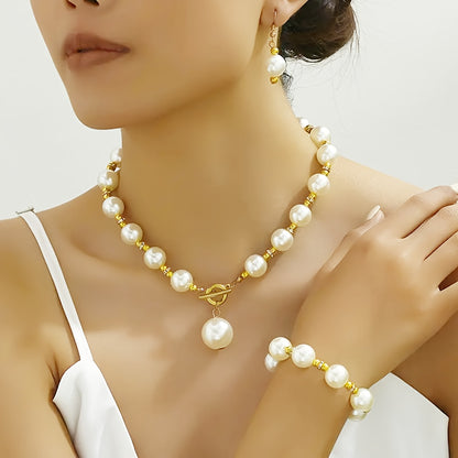 1 Set Necklace, Earrings, Bracelet, Plastic Imitation Pearl, Diamond, Versatile, Collarbone Chain Set