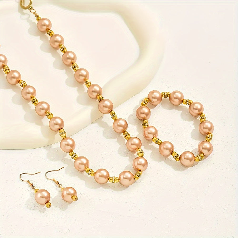 1 Set Necklace, Earrings, Bracelet, Plastic Imitation Pearl, Diamond, Versatile, Collarbone Chain Set