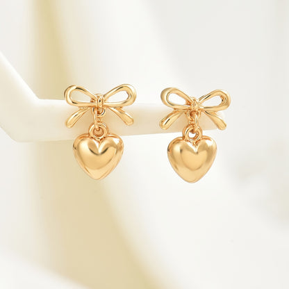 Elegant Boho Chic Bow & Heart Drop 14K Gold Plated Earrings - Zinc Alloy with Stainless Steel Posts, Perfect for Casual Attire or Gifting