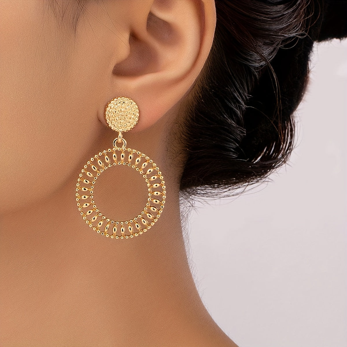 Golden Hollow Circle Dangle Earrings 18K Gold Plated Simple Punk Style Trendy Female Gift Daily Wear Accessories