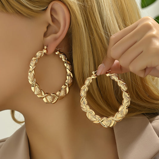 Fashion Vintage Large Hoop Earrings, Embossed Carved Pattern, Elegant Temperament Drop Earrings, Iron Material with Iron Ear Needle, No Plating