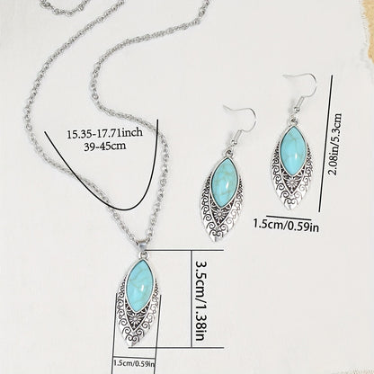 Boho-Chic 3pcs Jewelry Set for Women - Vintage Turquoise & Silvery Geometric Zinc Alloy Earrings and Necklace, Perfect for Casual Attire