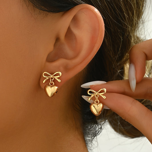 Elegant Boho Chic Bow & Heart Drop 14K Gold Plated Earrings - Zinc Alloy with Stainless Steel Posts, Perfect for Casual Attire or Gifting