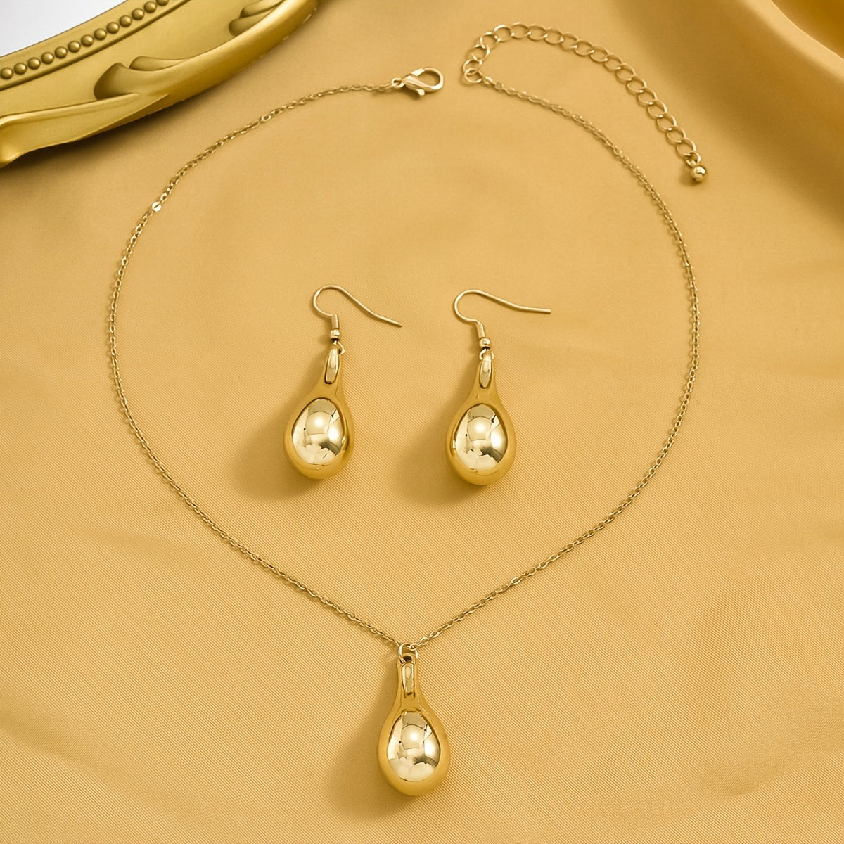 Elegant Golden-Tone Teardrop Earrings and Necklace Set - Minimalist Luxury, Resin Crafted, Perfect for Daily Wear & Parties