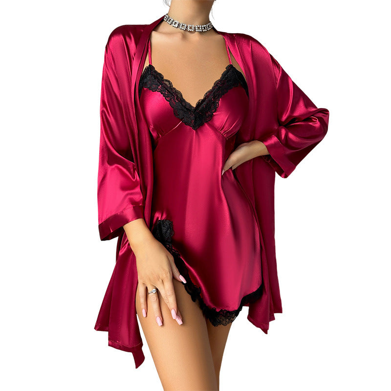Women's Sexy Solid Silly Lace Trim Sleepwear Set, Long Sleeve Robe With Robe & V Neck Side Split Slip Dress, Comfortable Relaxed Fit