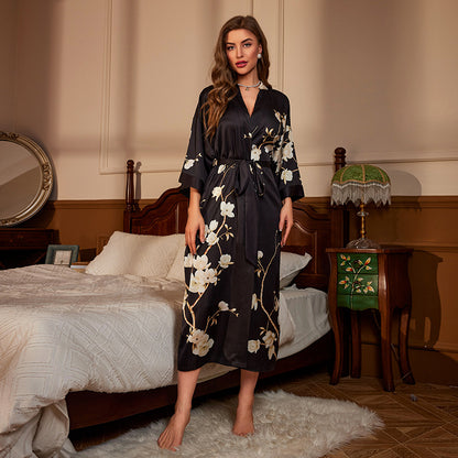 Luxurious Women's Floral Long Satin Robe, Polyester Sexy V-Neck Sleepshirt with Belt, One Size