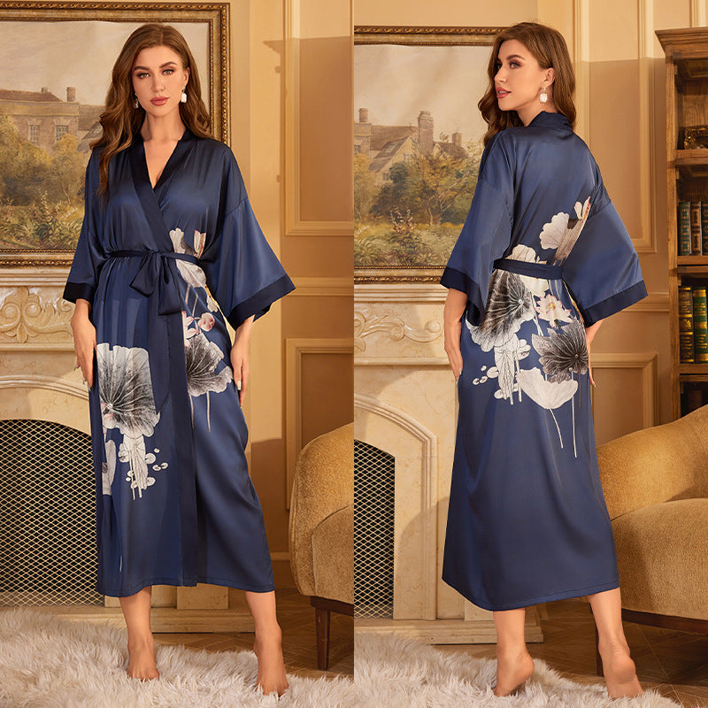 Luxurious Women's Floral Long Satin Robe, Polyester Sexy V-Neck Sleepshirt with Belt, One Size