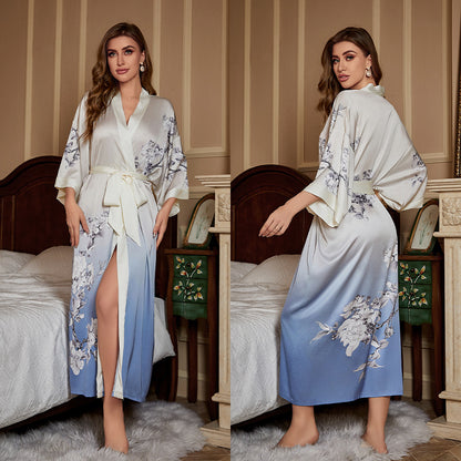 Luxurious Women's Floral Long Satin Robe, Polyester Sexy V-Neck Sleepshirt with Belt, One Size