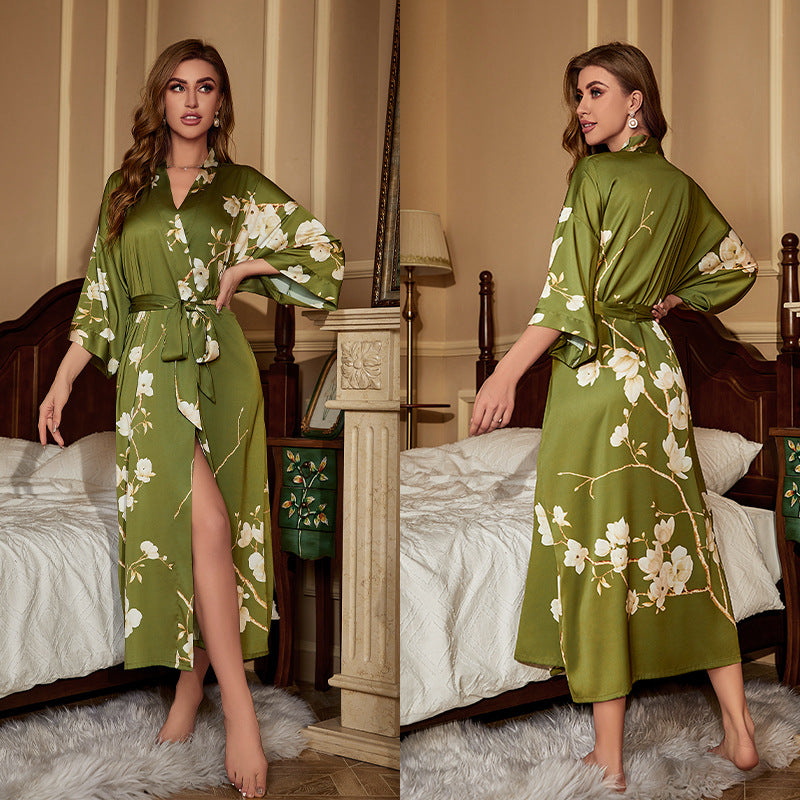 Luxurious Women's Floral Long Satin Robe, Polyester Sexy V-Neck Sleepshirt with Belt, One Size