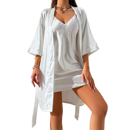 Women's Jacquard Sleepwear Set, V Neck Slip Dress & Sexy Robe with Belt,Woven Patterned Pajama Set