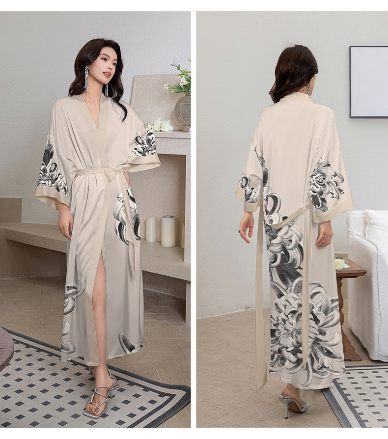 Luxurious Women's Floral Long Satin Robe, Polyester Sexy V-Neck Sleepshirt with Belt, One Size