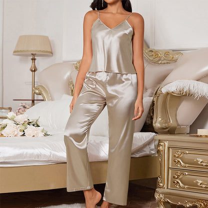 Women's Sexy Solid Silky Pajama Set, V-Neck  Backless Cami Top & Pants, Comfortable Relaxed Fit