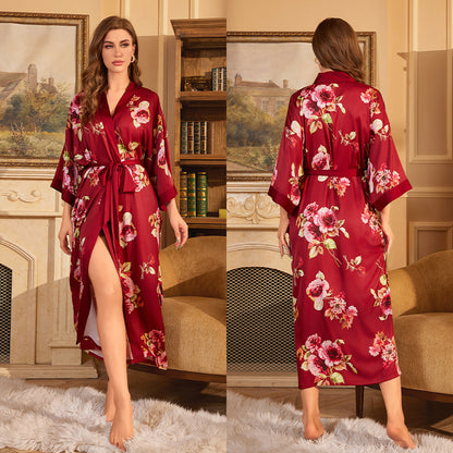 Luxurious Women's Floral Long Satin Robe, Polyester Sexy V-Neck Sleepshirt with Belt, One Size