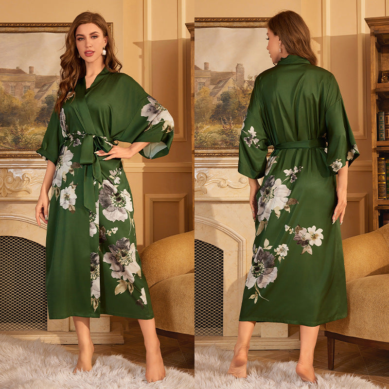 Luxurious Women's Floral Long Satin Robe, Polyester Sexy V-Neck Sleepshirt with Belt, One Size