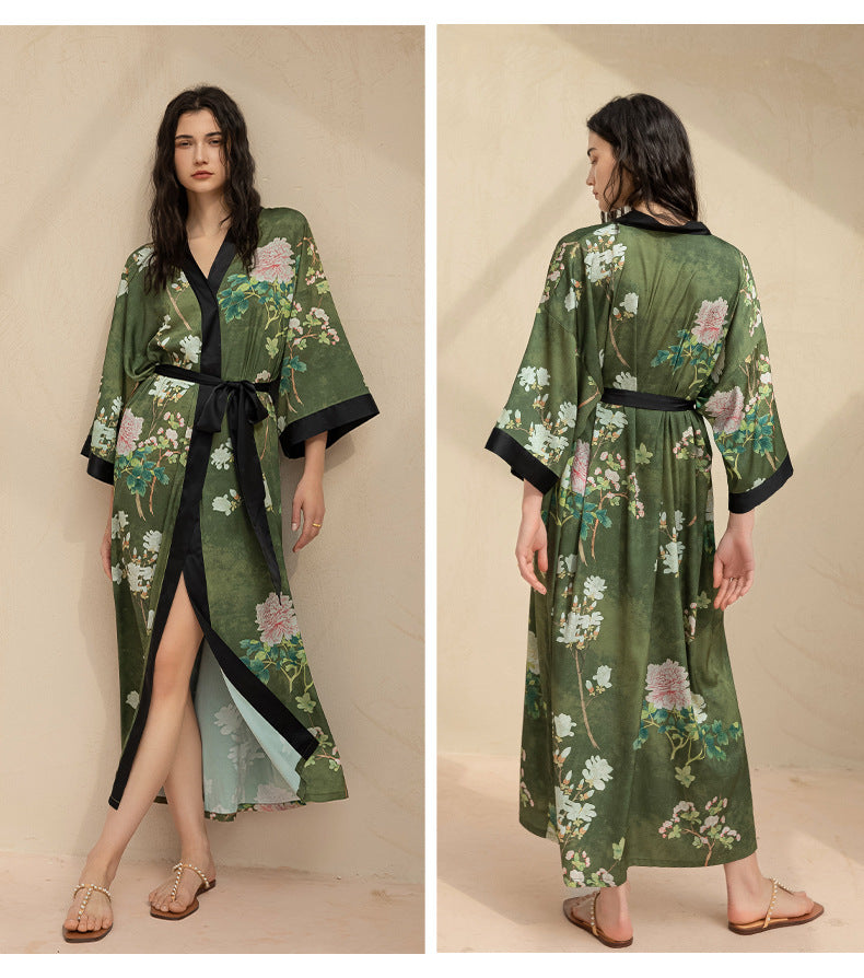 Luxurious Women's Floral Long Satin Robe, Polyester Sexy V-Neck Sleepshirt with Belt, One Size