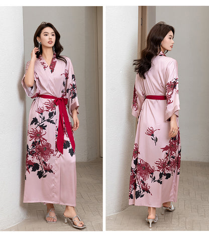 Luxurious Women's Floral Long Satin Robe, Polyester Sexy V-Neck Sleepshirt with Belt, One Size