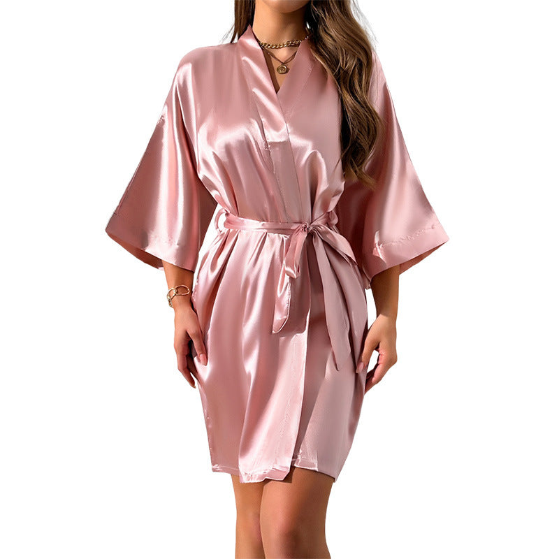 Womens Sexy Pajamas Sets Silk Pjs for Women Set Camisole Top, Shorts with Ruffle, Robe With Belt