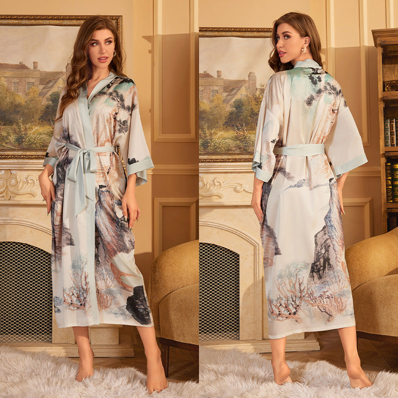 Luxurious Women's Floral Long Satin Robe, Polyester Sexy V-Neck Sleepshirt with Belt, One Size