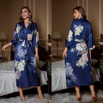 Luxurious Women's Floral Long Satin Robe, Polyester Sexy V-Neck Sleepshirt with Belt, One Size