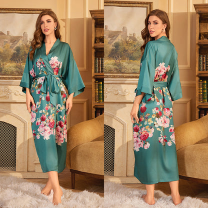 Luxurious Women's Floral Long Satin Robe, Polyester Sexy V-Neck Sleepshirt with Belt, One Size