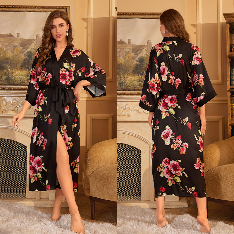 Luxurious Women's Floral Long Satin Robe, Polyester Sexy V-Neck Sleepshirt with Belt, One Size