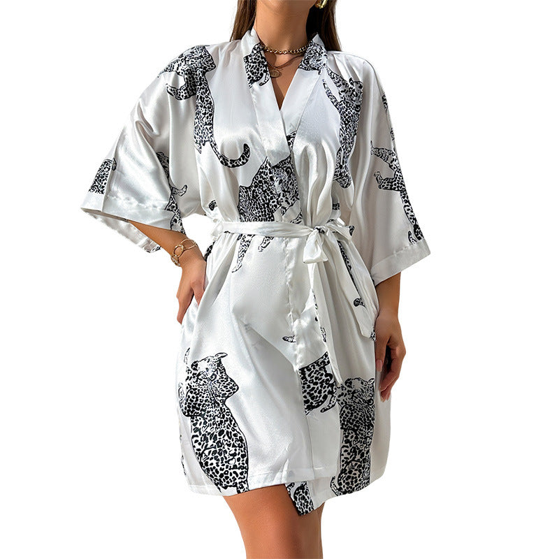 Leopard Print Satin Nightgown for Women - 100% Polyester Sexy V-Neck Sleepshirt with Belt, Casual Comfort All-Season Loungewear Sleep Robe