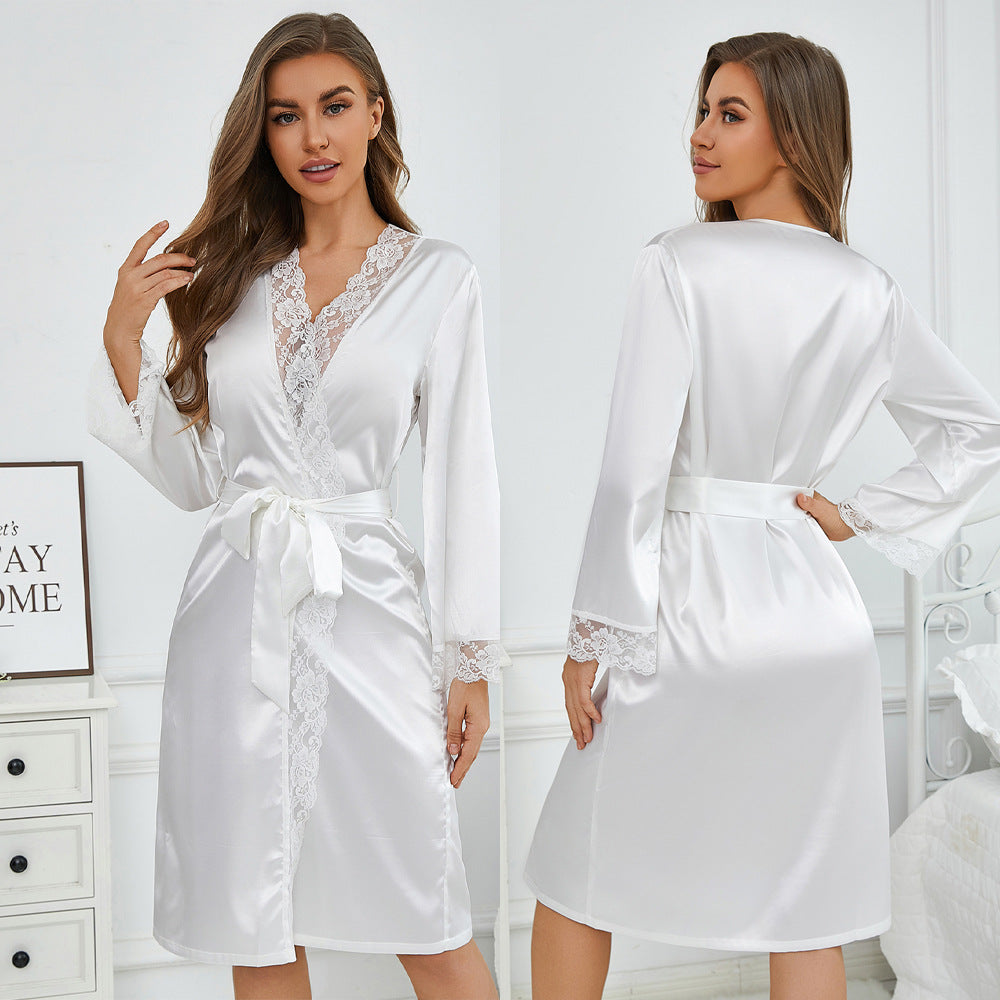 Sexy Lace Trim Robe Dressing Gown Solid Bathrobe Yukata, New Satin Sleepwear, Women Casual Home Dress