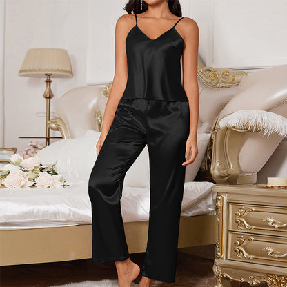 Women's Sexy Solid Silky Pajama Set, V-Neck  Backless Cami Top & Pants, Comfortable Relaxed Fit