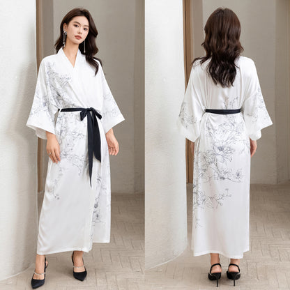 Luxurious Women's Floral Long Satin Robe, Polyester Sexy V-Neck Sleepshirt with Belt, One Size