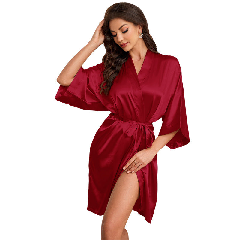 Elegant Solid Silky Night Robes, Comfy Long Sleeve V Neck Robe With Belt, Women's Loungewear & Sleepwear