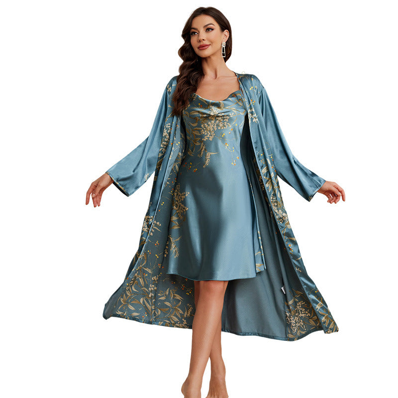 Women's Elegant Floral Print Silky Pajama Set, Long Sleeve Robe & Cowl Neck Slip Dress, Comfortable Relaxed Fit