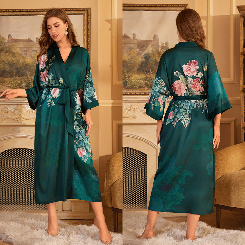 Luxurious Women's Floral Long Satin Robe, Polyester Sexy V-Neck Sleepshirt with Belt, One Size