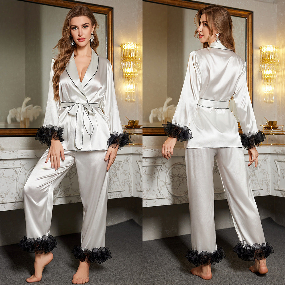 Luxurious Lace Cuffs V-Neck Long-Sleeve Tops with belt, Trousers Ladies Sleepwear Suit