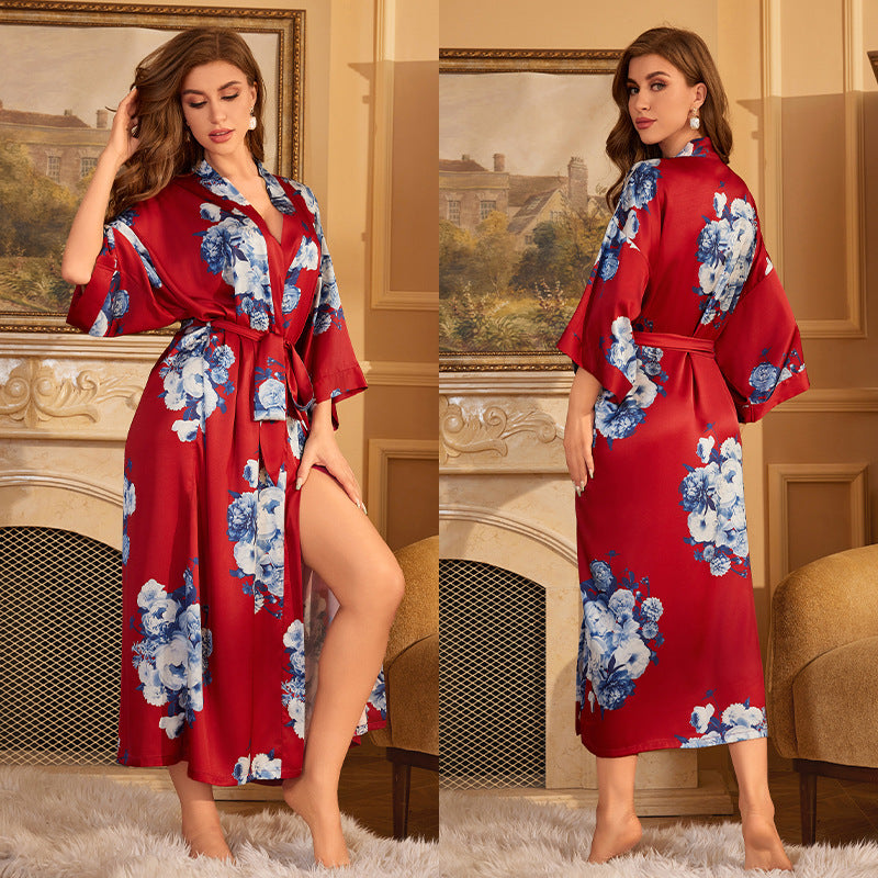 Luxurious Women's Floral Long Satin Robe, Polyester Sexy V-Neck Sleepshirt with Belt, One Size