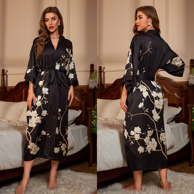 Luxurious Women's Floral Long Satin Robe, Polyester Sexy V-Neck Sleepshirt with Belt, One Size