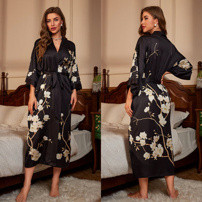 Luxurious Women's Floral Long Satin Robe, Polyester Sexy V-Neck Sleepshirt with Belt, One Size