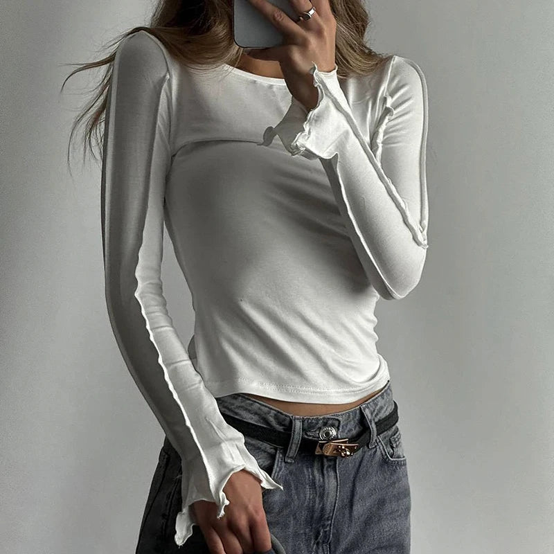 076Long Sleeve Solid Color Slim Fit T-Shirt For Women