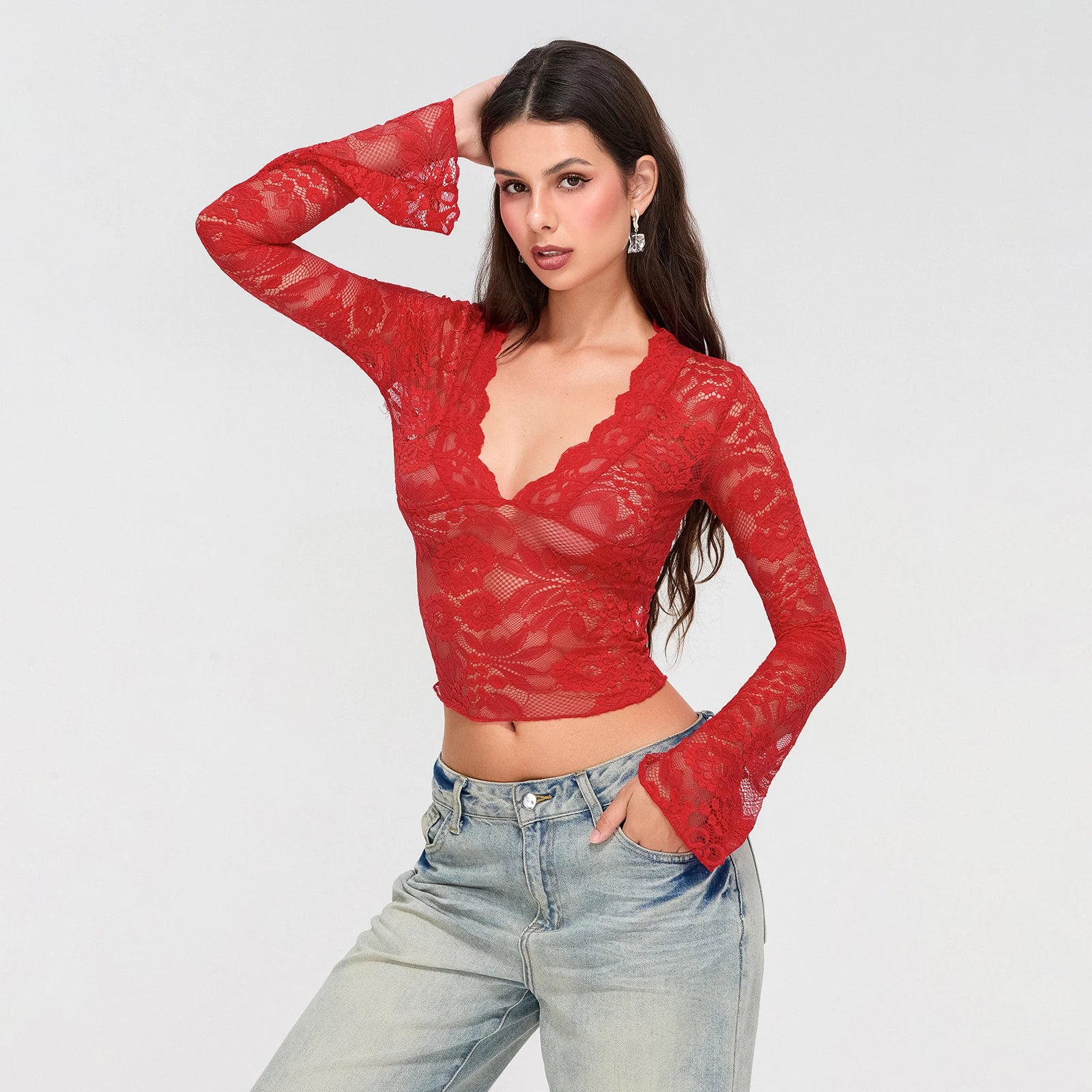 019Women's Sexy Deep V Neck See-through Slim T-shirt