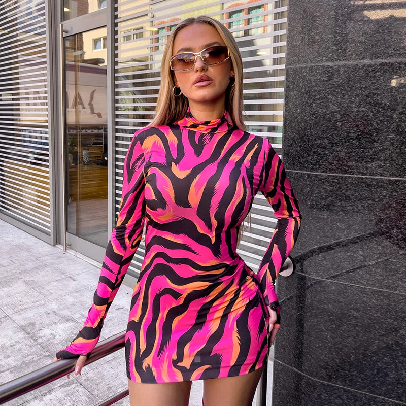 Zebra Print Slim Fit Long Sleeve Mini Dress