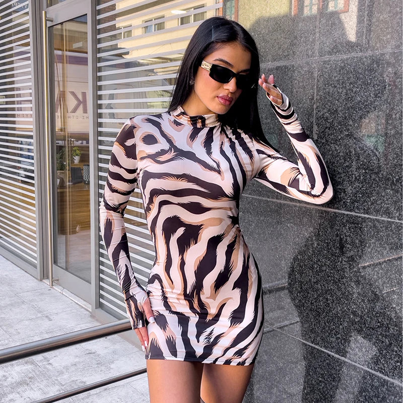 Zebra Print Slim Fit Long Sleeve Mini Dress