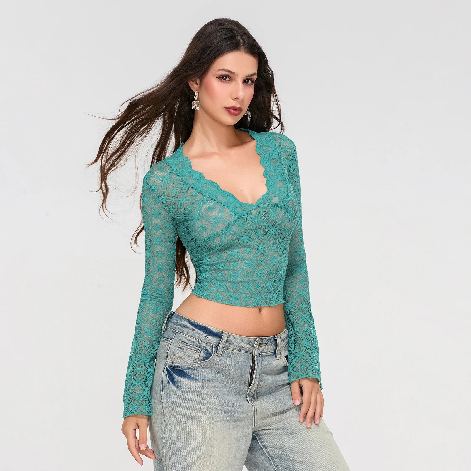 019Women's Sexy Deep V Neck See-through Slim T-shirt