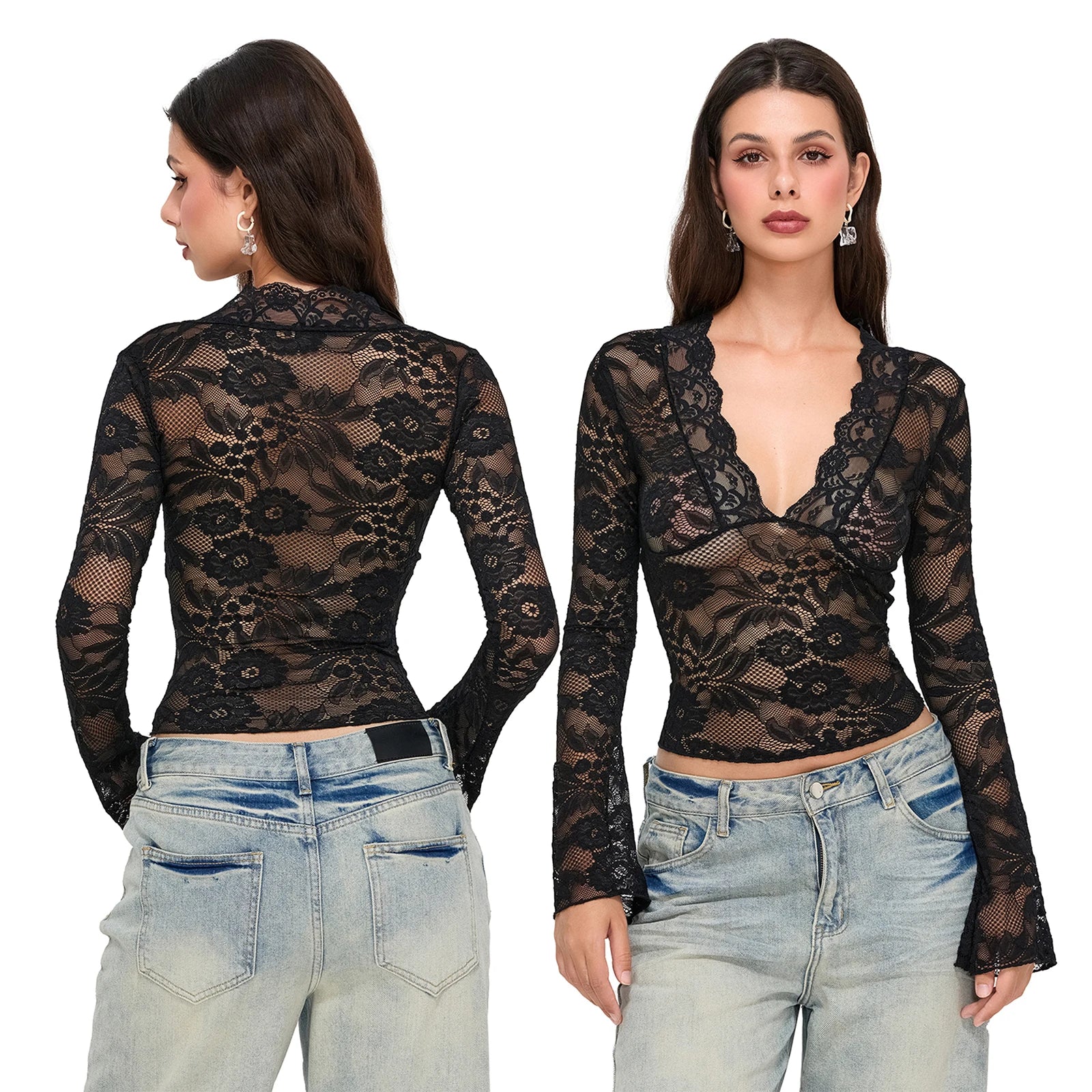 019Women's Sexy Deep V Neck See-through Slim T-shirt
